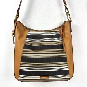 Fossil Talia Crossbody/Shoulder Bag Brown Striped Faux Vegan Leather Key Charm